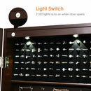 Lockable Wall Mount Mirrored Jewelry Cabinet with LED Lights-Brown