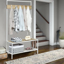 3 in 1 Industrial Coat Rack with 2-tier Storage Bench and 5 Hooks-Natural