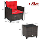 3 Pcs Patio Rattan Furniture Set Cushioned Conversation Set Coffee Table-Red