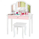 Kids Princess Make Up Dressing Table with Tri-folding Mirror and Chair-White