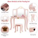 Kids Makeup Dressing Table with Tri-folding Mirror and Stool-Pink