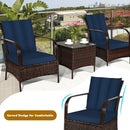 3 Pcs Patio Conversation Rattan Furniture Set with Glass Top Coffee Table and Cushions-Navy