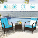 3 Pcs Patio Conversation Rattan Furniture Set with Glass Top Coffee Table and Cushions-Turquoise