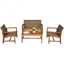 4PCS Acacia Wood Outdoor Patio Rattan Furniture Set