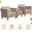 3 Pcs Outdoor Patio Rattan Furniture Set Wooden Table Top Cushioned Sofa