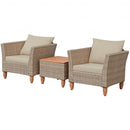 3 Pcs Outdoor Patio Rattan Furniture Set Wooden Table Top Cushioned Sofa