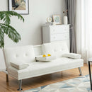 Convertible Folding Leather Futon Sofa with Cup Holders and Armrests-White