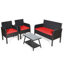 4Pcs Patio Rattan Wicker Furniture Set Conversation Sofa Bench Cushion-Red
