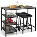 3 Pieces Counter Height Dining Bar Table Set with 2 Stools and 3 Storage Shelves-Black