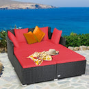 Outdoor Patio Rattan Daybed Thick Pillows Cushioned Sofa Furniture-Red