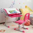 Kids Height Adjustable Desk and Chair Set with Tilted Tabletop and Drawer-Pink