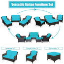 5 Pieces Patio Rattan Sofa Set with Cushion and Ottoman-Turquoise