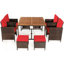 9PCS Patio Rattan Dining Cushioned Chairs Set-Red