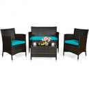 4 Pcs Rattan Outdoor Patio Conversation Furniture Set with Glass Table and Comfortable Wicker Sectional Sofa