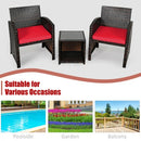 3 Pieces PE Rattan Wicker Furniture Set with Cushion Sofa Coffee Table for Garden-Red