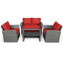 4 Pcs Patio Rattan Furniture Set Sofa Table with Storage Shelf Cushion-Red