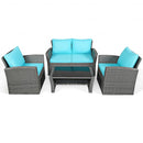 4 Pcs Patio Rattan Furniture Set Sofa Table with Storage Shelf Cushion-Turquoise