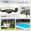 6 Pieces Patio Rattan Furniture Set with Cushions and Glass Coffee Table