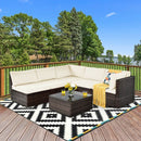 6 Pieces Patio Rattan Furniture Set with Cushions and Glass Coffee Table