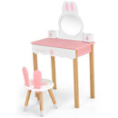 Kids Vanity Set Rabbit Makeup Dressing Table Chair Set with Mirror and Drawer-Pink