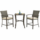 3 Pieces Rattan Bar Furniture Set with Slat Table and 2 Cushioned Stools-Brown